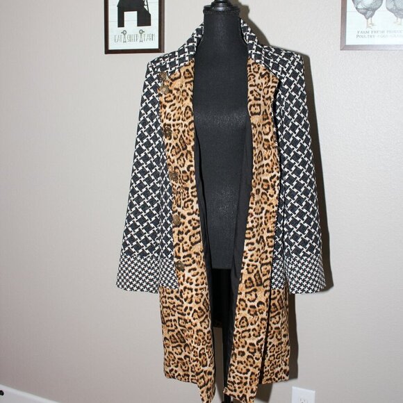 Dennis Basso Womens Animal Print Houndstooth Long Snap Front Jacket Size 14 - Picture 2 of 9
